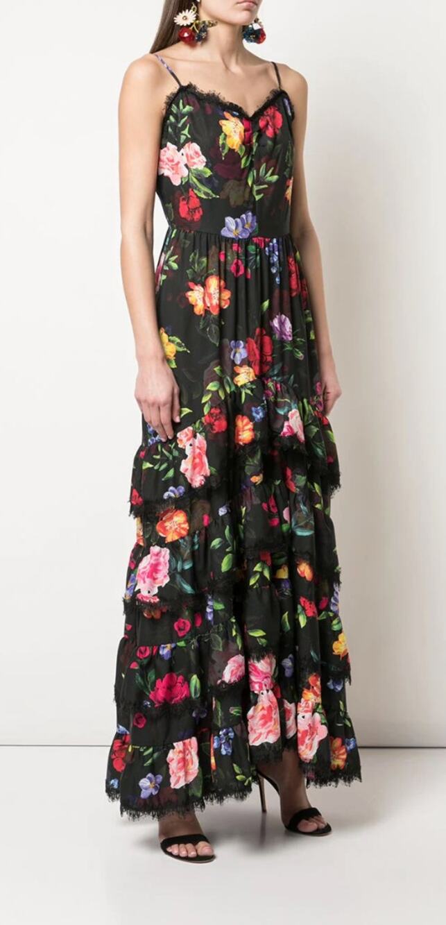Marchesa Notte Lace-trimmed Tiered Floral-print Crepe De Chine Midi Dress Black
